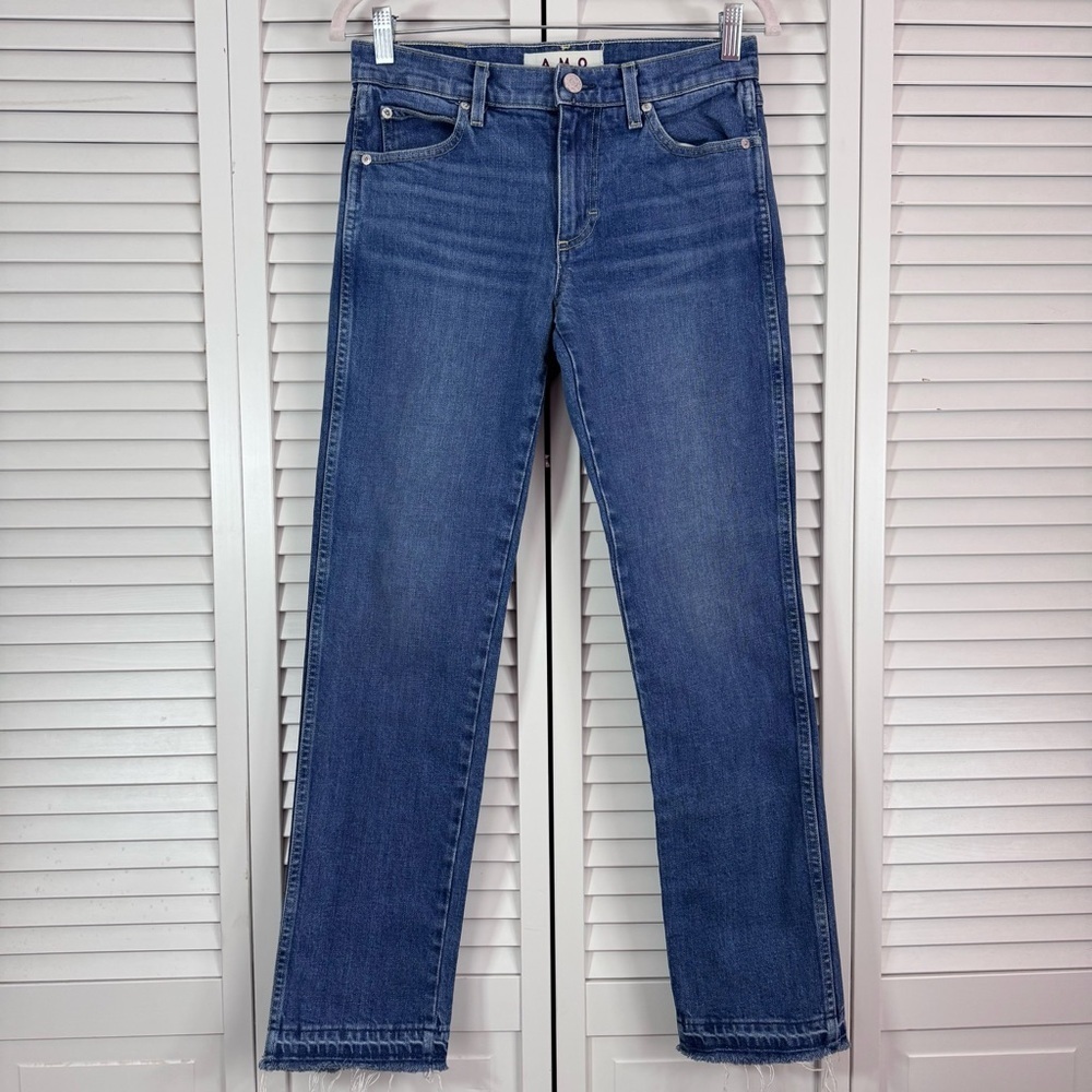 AMO Toni Low Slim Straight Leg Blue Jean Raw Distressed Hem Size 26